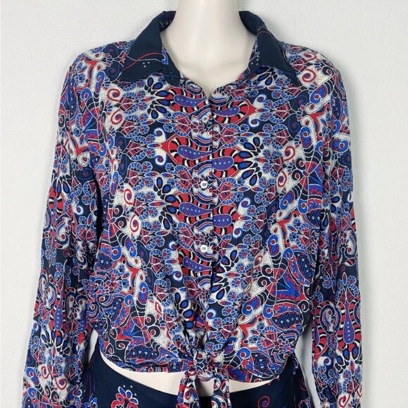 FARM RIO Paisley Snake Print Button Down Tie Front One Piece Romper - Picture 2 of 16